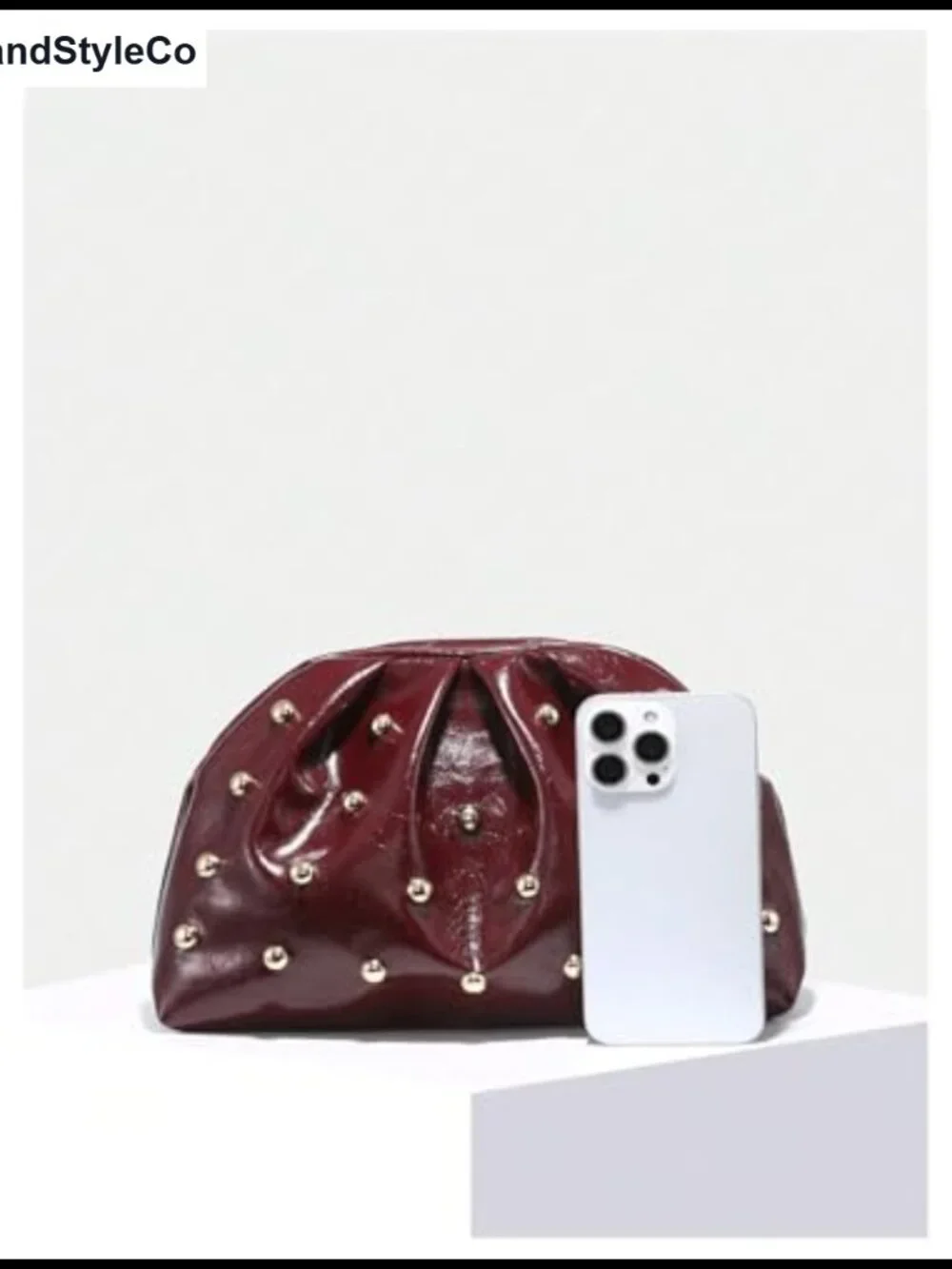 Women's Studded PU Leather Ruched Clutch Handbag Magnet Closure
